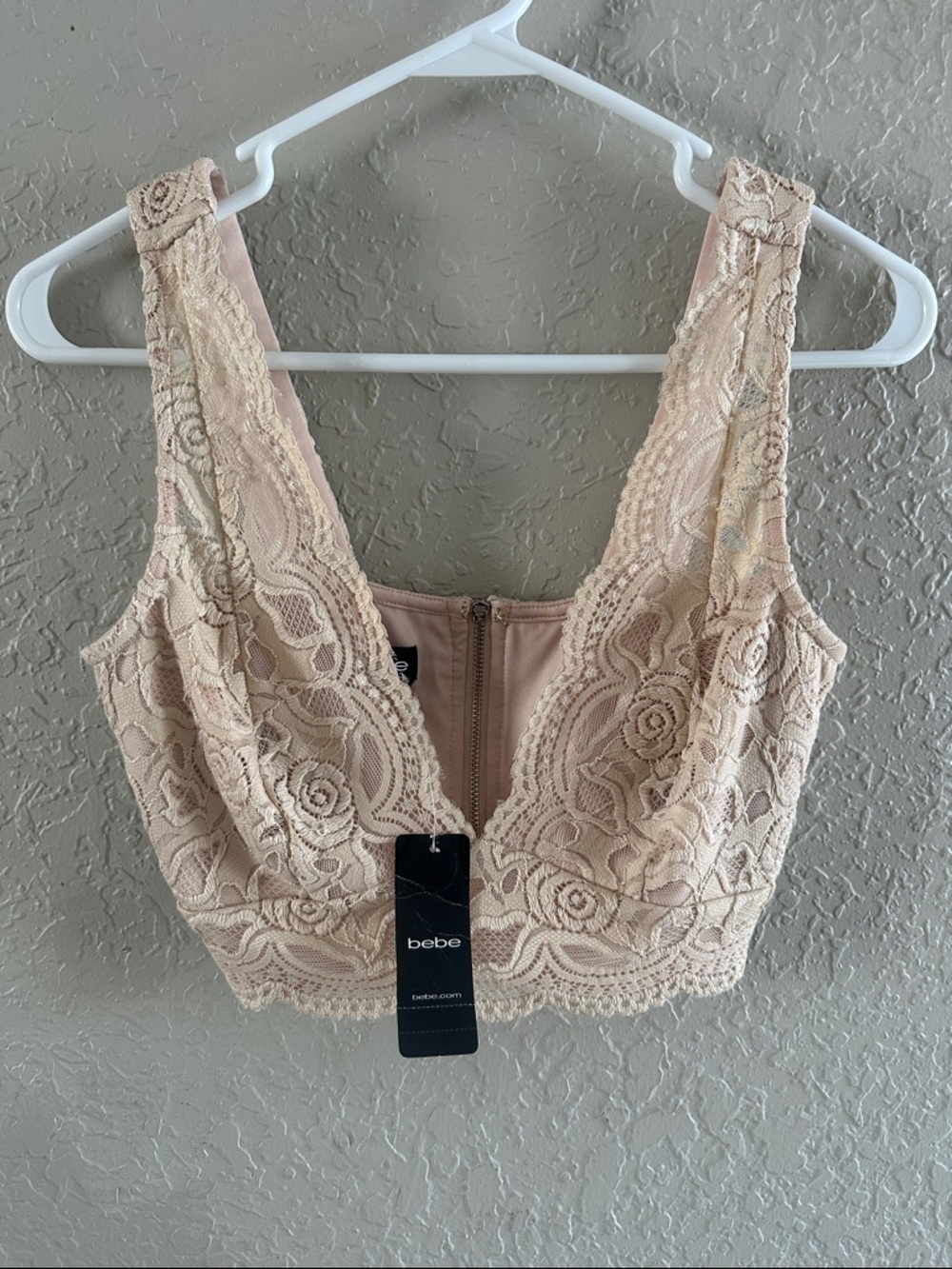 bebe Lace Zip-Back Crop Bralette in Blush Nude